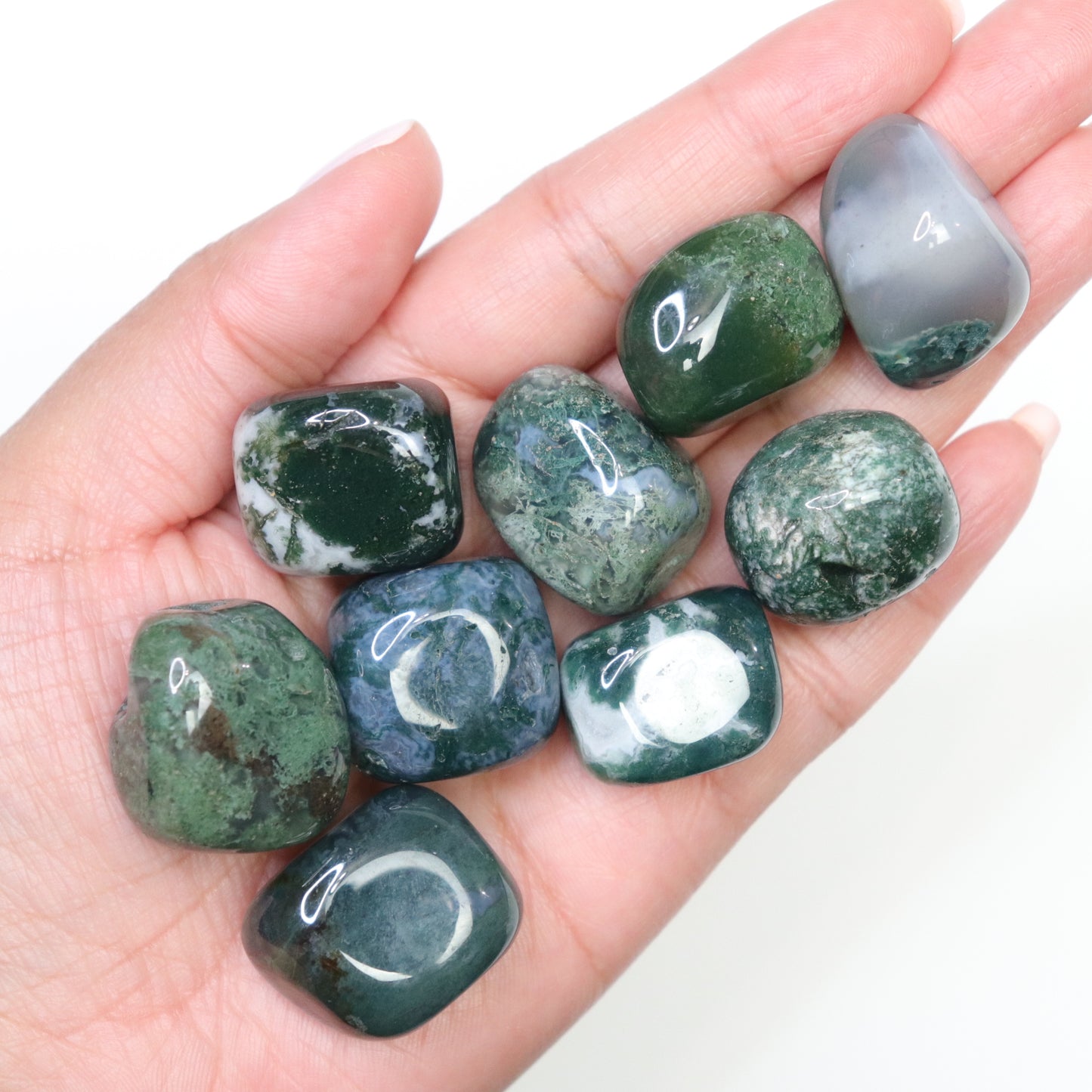Moss Agate Tumbles - Crescents & Crystals