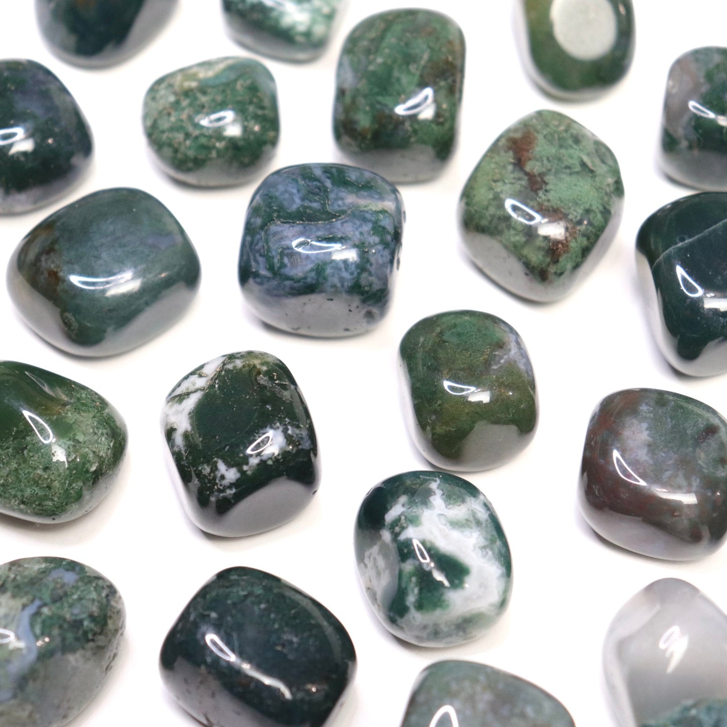 Moss Agate Tumbles - Crescents & Crystals