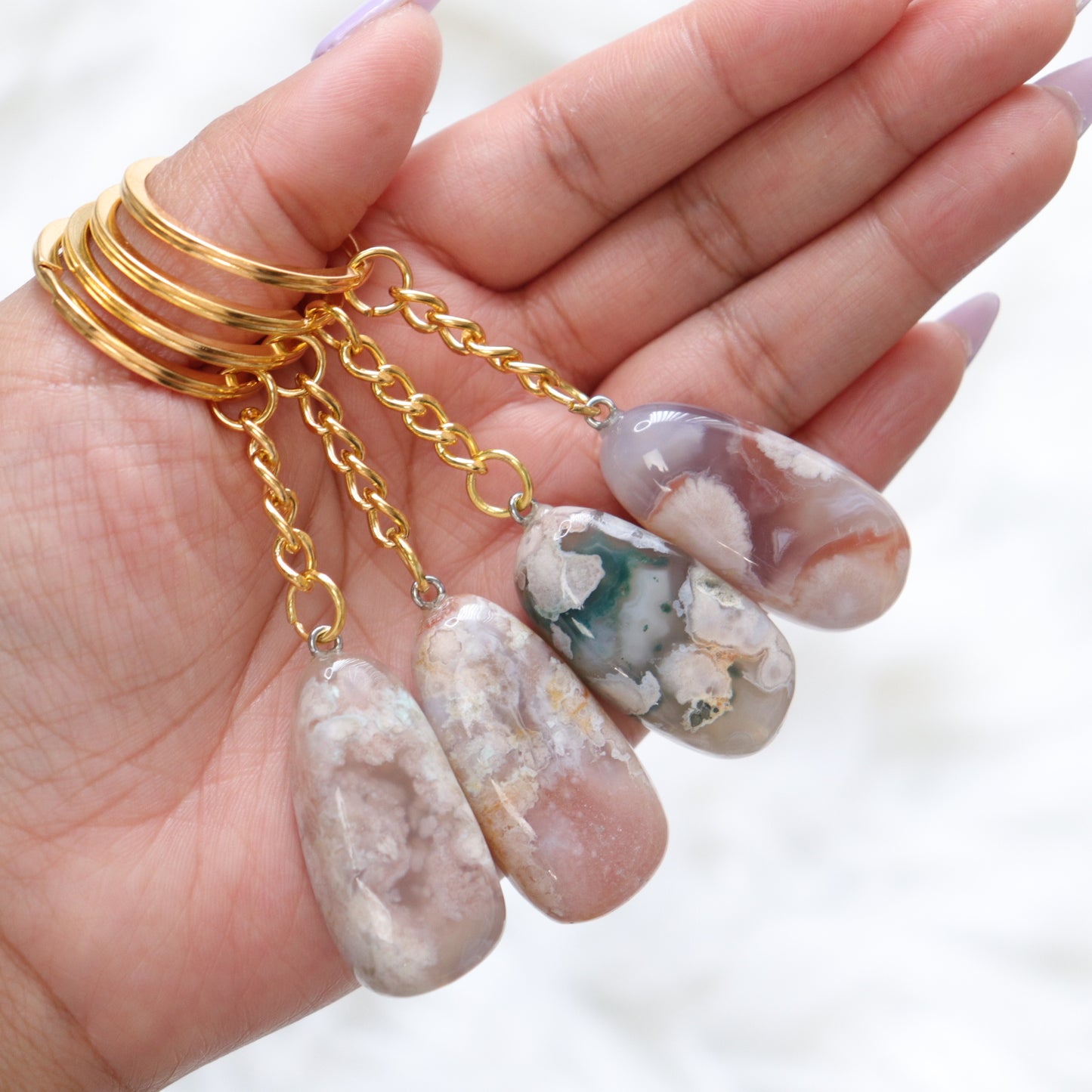 Flower Agate Keychain- Crescents & Crysals