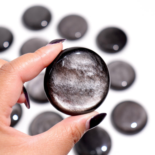 Black Obsidian Round Palm Stones | Silver Sheen