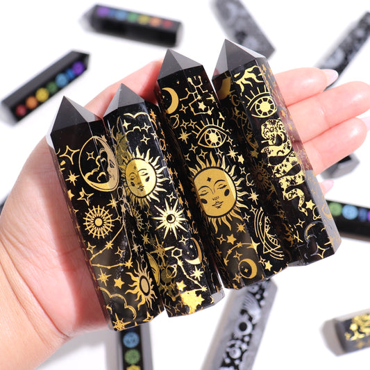 Black Obsidian Etched Towers | Gold