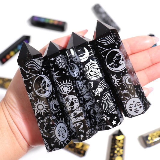 Black Obsidian Etched Towers | Silver