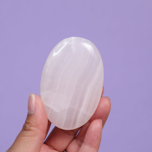 Pink Mangano Calcite Palm Stone - Crescents & Crystals